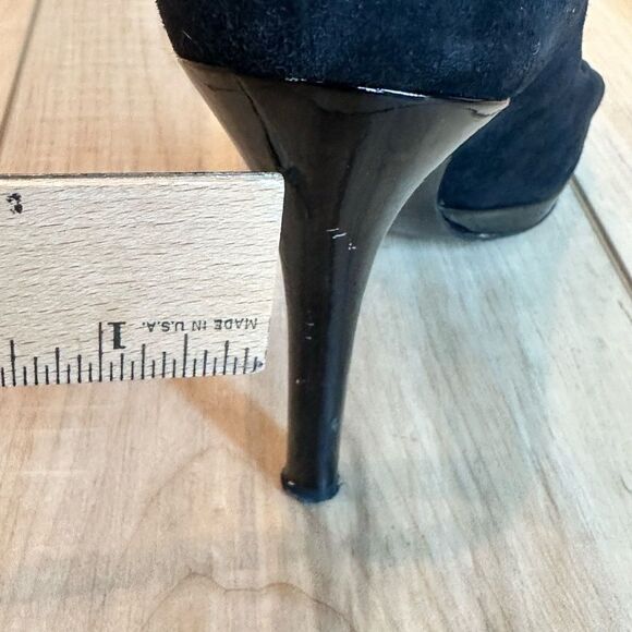 Stuart Weitzman Black Suede Heels Peep Toe Criss Cross Size 7.5 - Picture 13 of 16